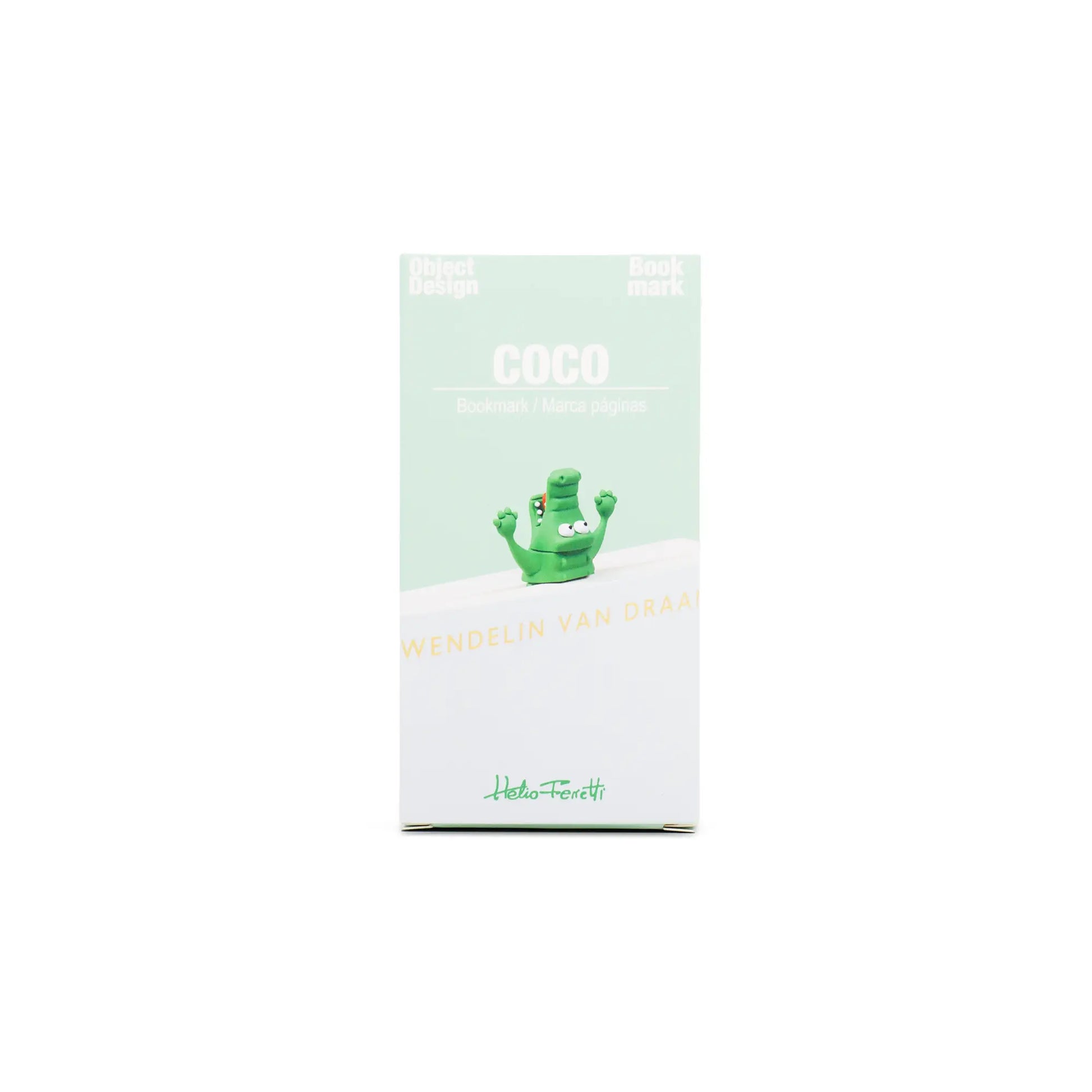 Marque page crocodile en boite verte avec figurine Coco de Hello Ferréti