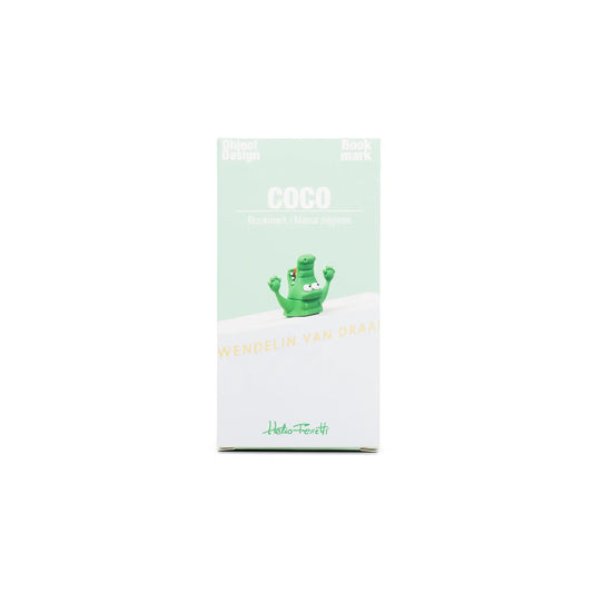 Marque page crocodile en boite verte avec figurine Coco de Hello Ferréti