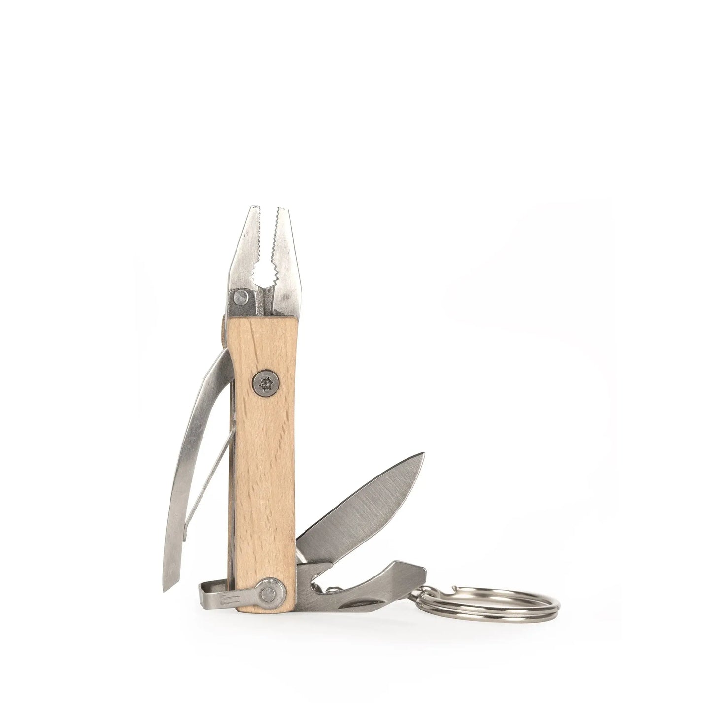 Mini-pince porte-clés outil multifonction en bois clair et acier inox