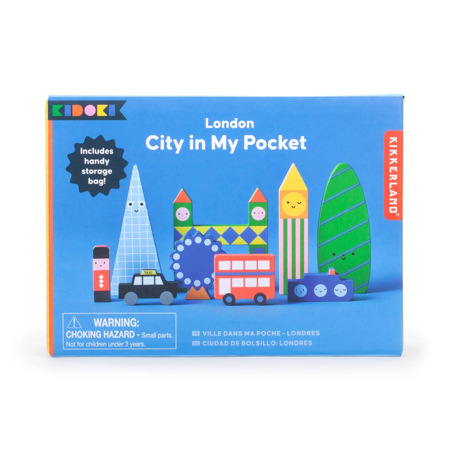 Mini Ville En Bois Kidoki Londres : boîte bleue Kikkerland avec illustrations colorées de landmarks londoniens, valeurs durables en bois