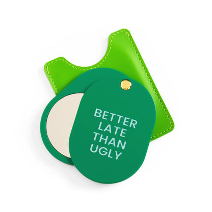 Miroir de poche better late than ugly vert avec étui cuir lime