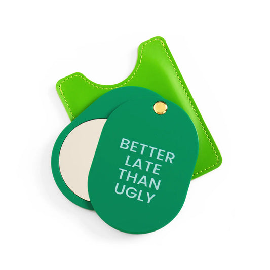 Miroir de poche better late than ugly vert avec étui cuir lime