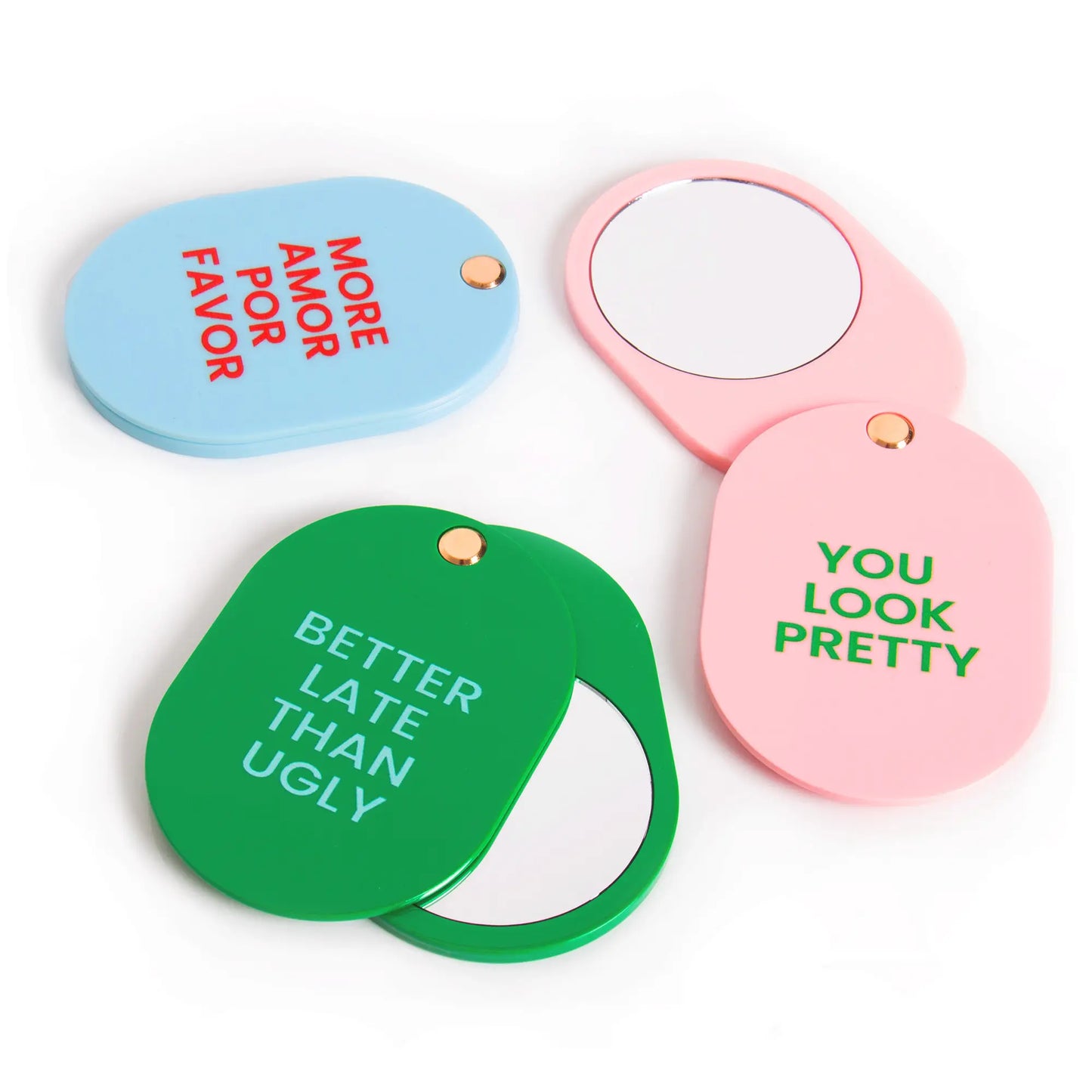 Miroirs de poche Better Late Than Ugly en pastels ovales avec texte ludique