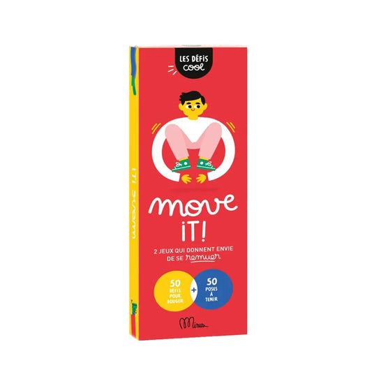 Boîte rouge rectangulaire pour jeu Move It ! avec personne en pantalon rose et baskets vertes dans cercle blanc, pour profiter pleinement et lâcher prise en moments authentiques