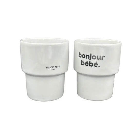 Deux mugs bonjour bébé et Felicie aussi en céramique blanche pour café ou thé