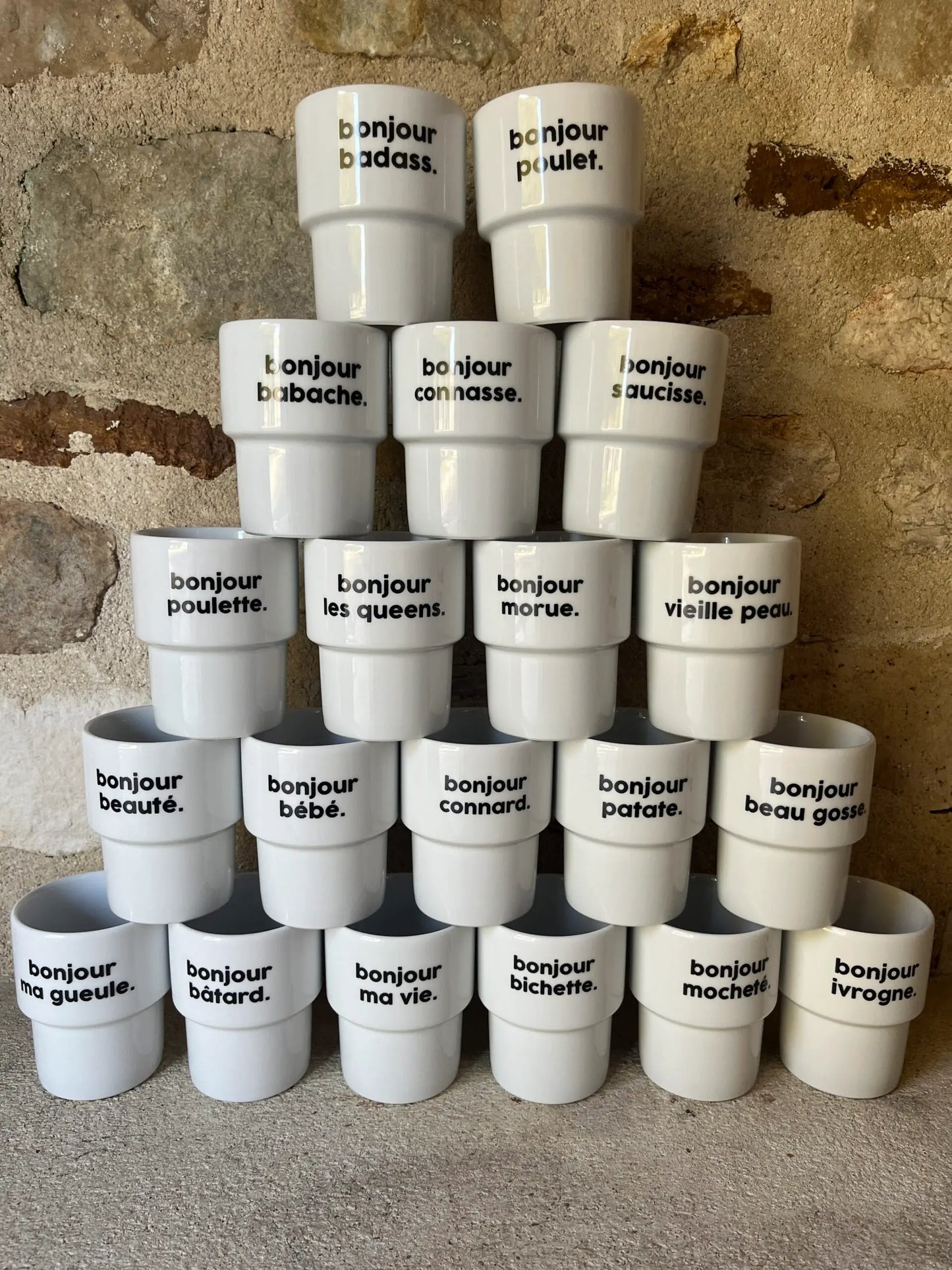 Pyramide de mugs bonjour bébé en céramique blanche, pour une bonne humeur quotidienne