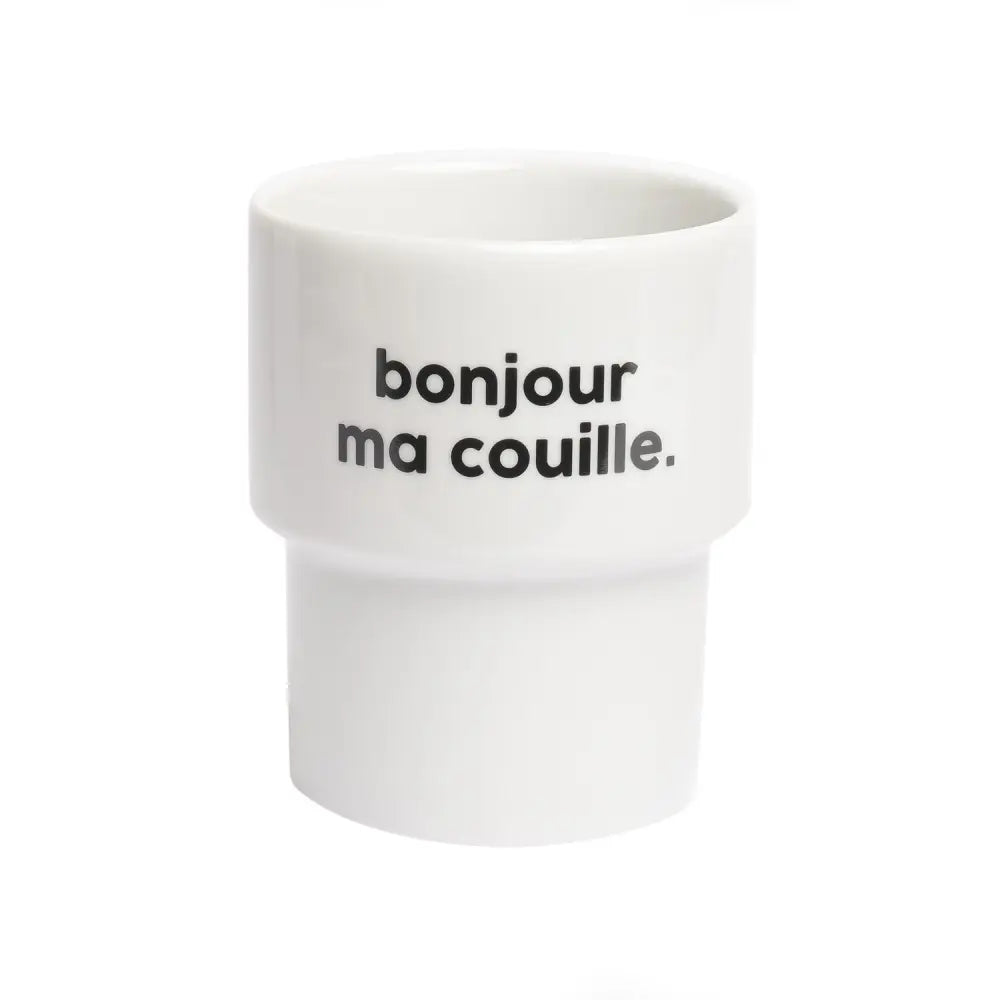 Mug bonjour ma couille en céramique blanche avec design impertinent et touche d’humour