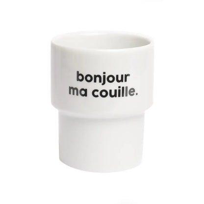Mug bonjour ma couille en céramique blanche avec design impertinent et touche d’humour