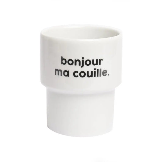 Mug bonjour ma couille en céramique blanche avec design impertinent et touche d’humour