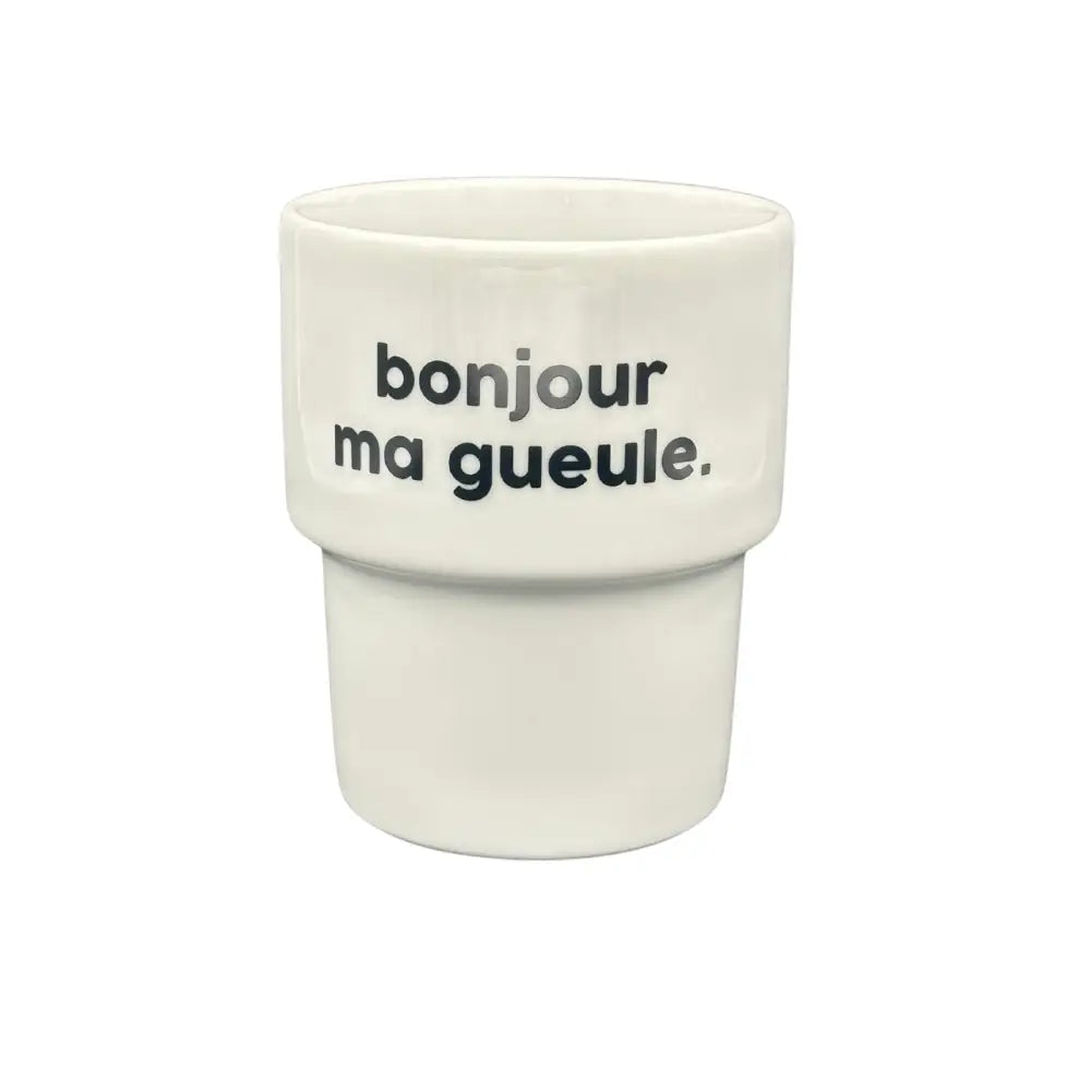 Mug bonjour ma gueule en porcelaine résistante avec texte noir, parfait pour le matin