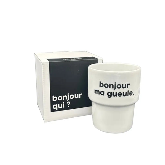 Mug bonjour en porcelaine résistante avec texte noir, parfait pour votre café