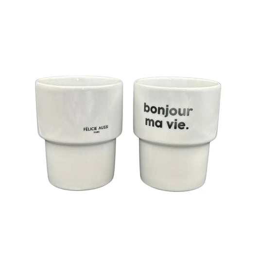 Deux mugs blanc en céramique avec design à marches, compatible micro-ondes, Mug Bonjour