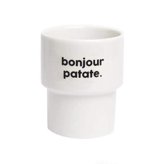 Tasse bonjour patate en céramique blanche avec texte noir bonjour patate
