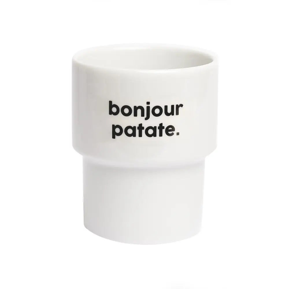 Tasse bonjour patate en céramique blanche avec texte noir bonjour patate