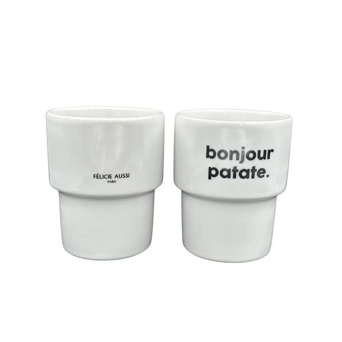 Deux coquetiers en céramique blanche pour mug bonjour patate