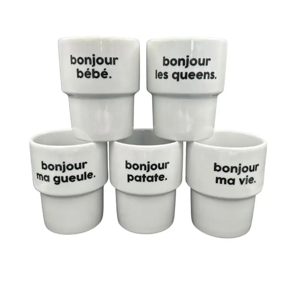 Cinq tasses en céramique blanche avec phrases françaises, mug bonjour les queens pour bonne humeur