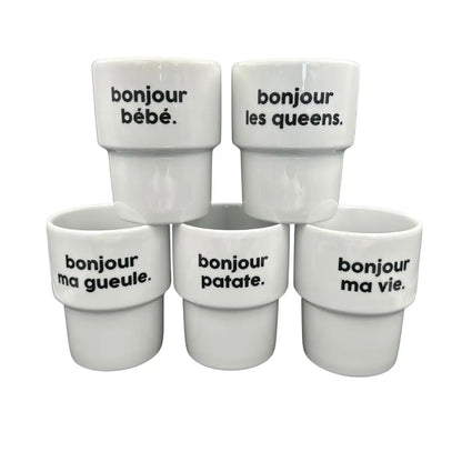 Verres shot céramique blanc Mug Bonjour Les Queens, design unique phrases françaises