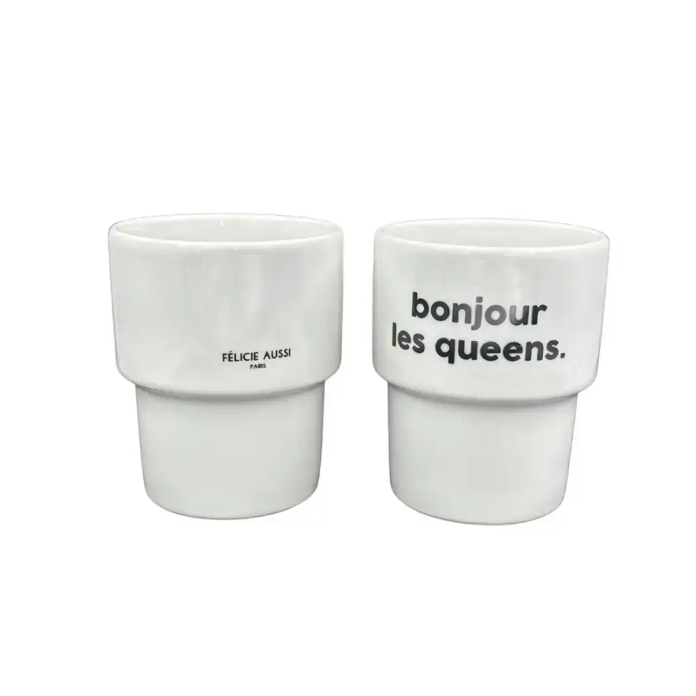 Tasses à œufs céramiques blanches design unique, bonjour les queens et félicie aussi paris pour mug bonjour