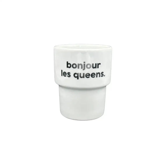 Verre à shot céramique blanc avec Bonjour les Queens, design unique mug bonjour