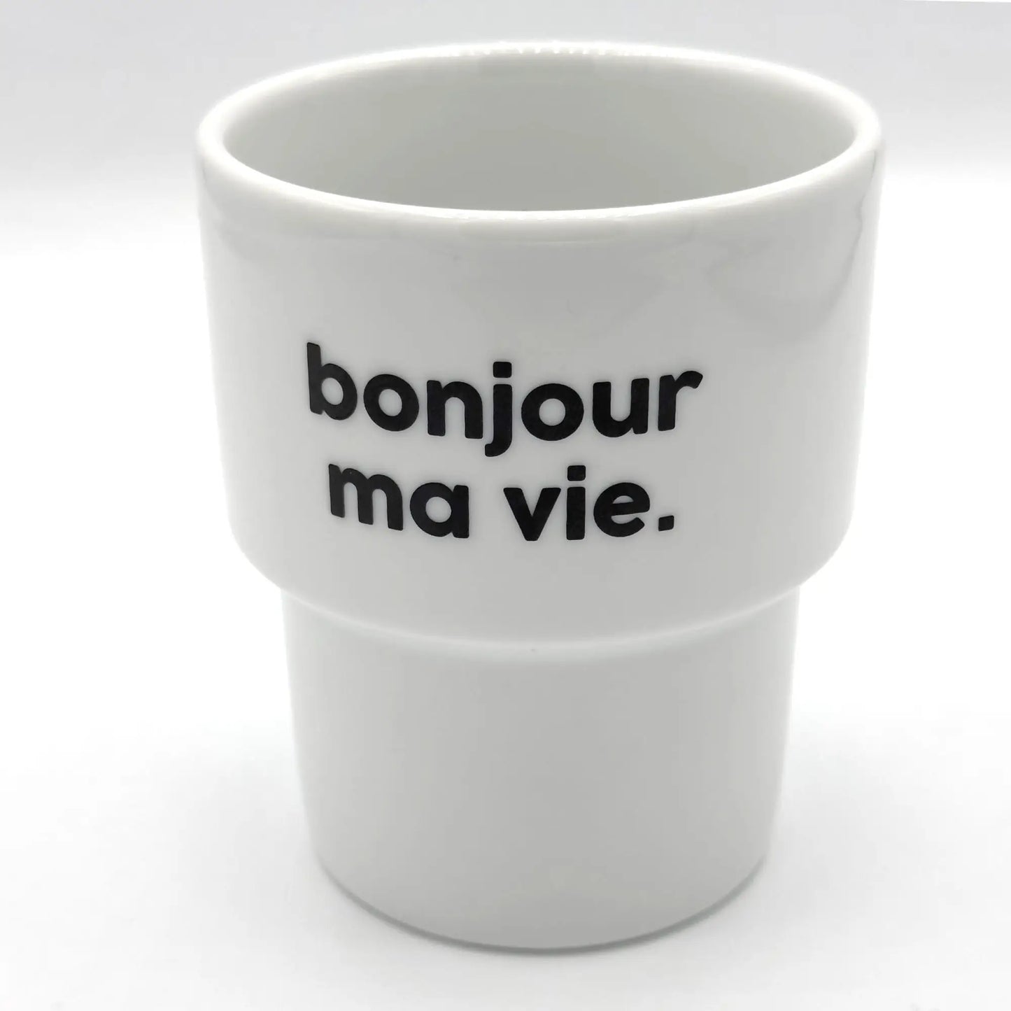 Mug bonjour en céramique blanche compatible micro-ondes