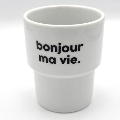 Mug bonjour en céramique blanche compatible micro-ondes