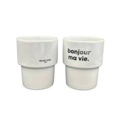 Deux tasses en céramique blanche design échelonné, mug bonjour compatible micro-ondes