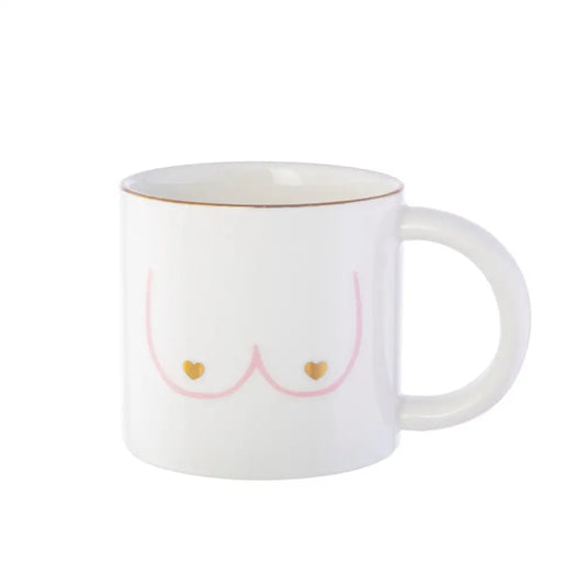 Mug boobs en céramique blanche avec design poitrine rose et cœur or, idée cadeau girl power