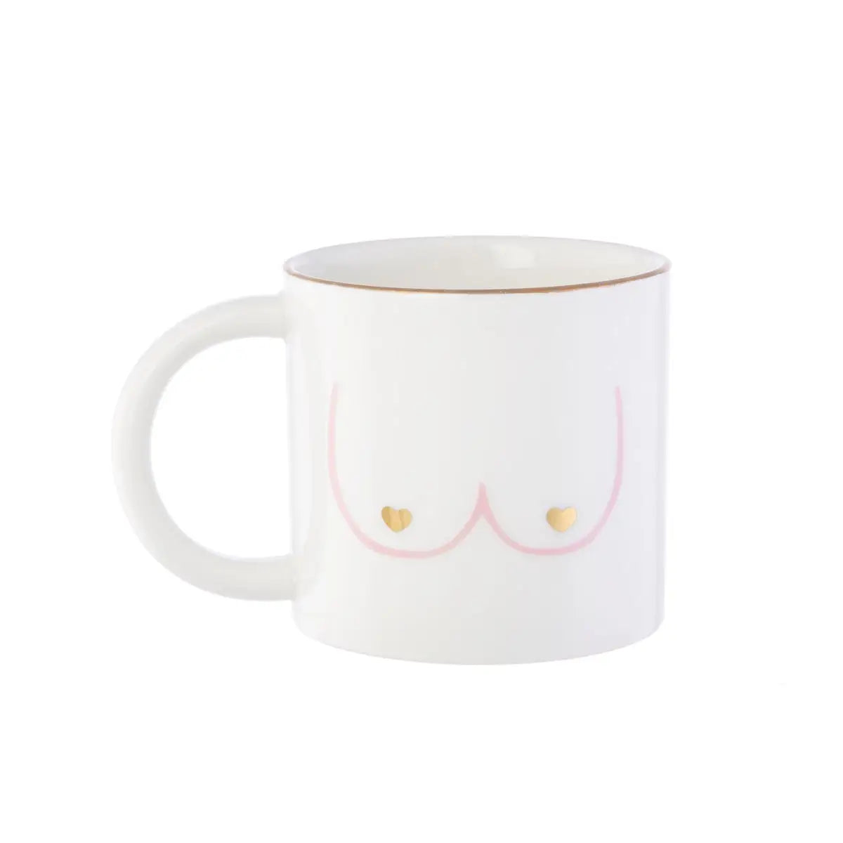 Mug boobs en céramique blanche avec dessin rose de seins et tétons cœurs dorés, idée cadeau originale