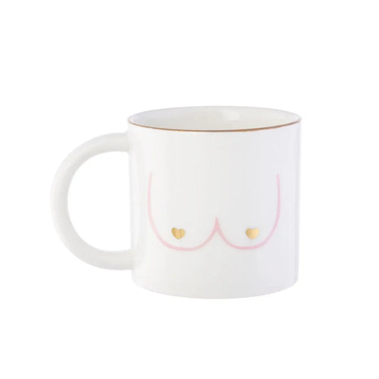 Mug boobs en céramique blanche avec dessin rose de seins et tétons cœurs dorés, idée cadeau originale
