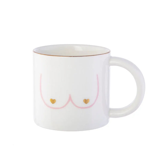 Mug boobs blanc en céramique avec seins roses et tétons cœurs dorés, idée cadeau originale