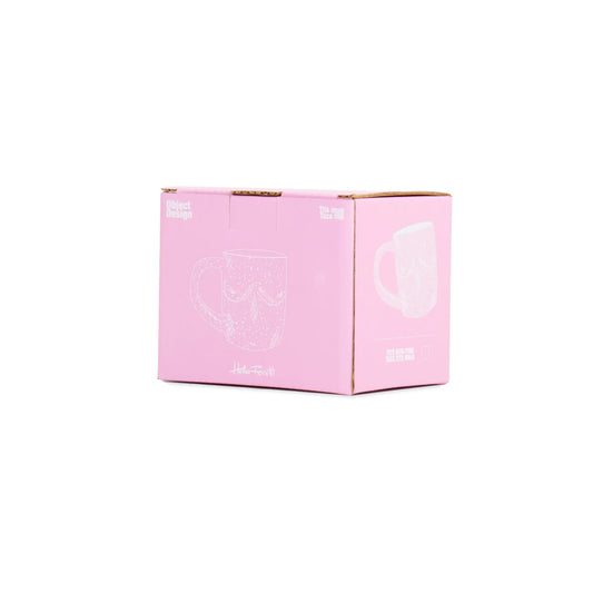 Boîte en carton rose pour mug boobs rose avec message positif corps féminin