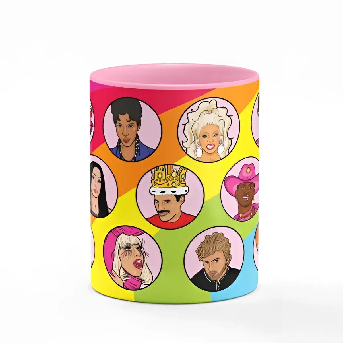Tasse colorée avec icônes pop et supporteurs queer, idée cadeau communauté queer