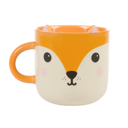 Mug kawai renard en céramique orange et blanc, forme renard expressive