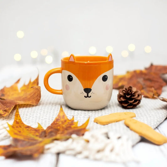 Mug kawai renard en céramique orange et crème, forme renard au design expressif