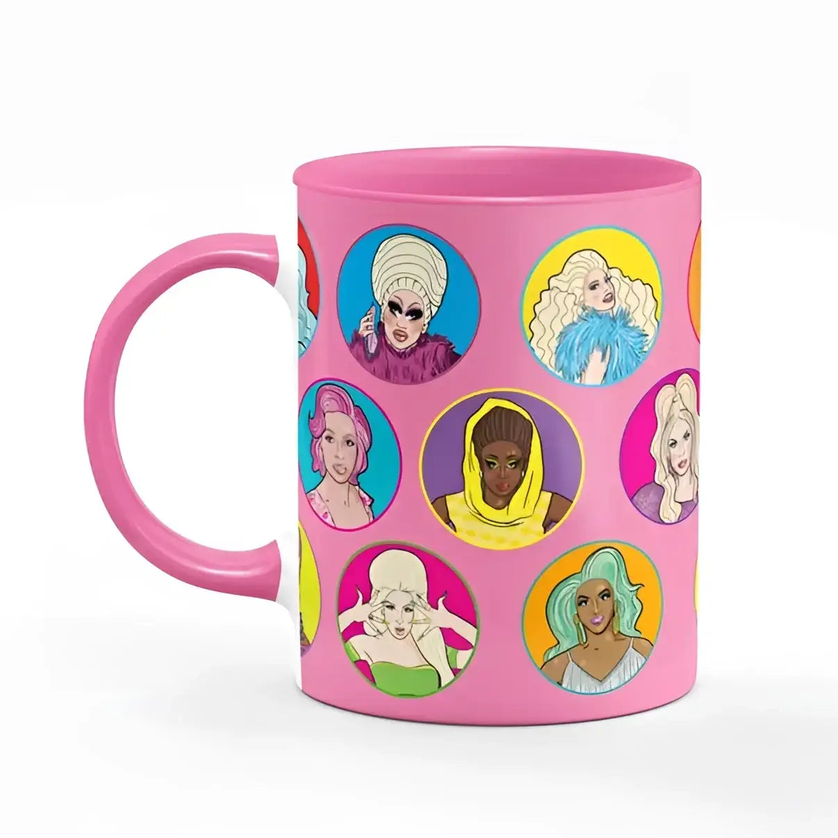 Tasse rose drag queen avec portraits cartoon fun, idée cadeau fun