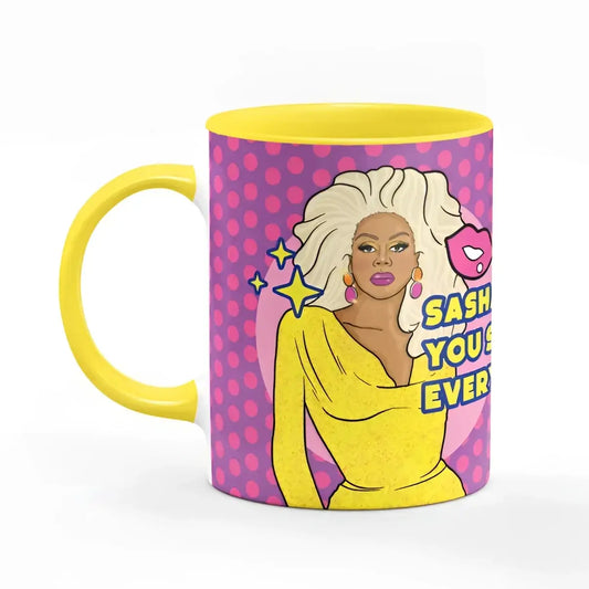 Mug RuPaul pop art avec poignée jaune, idée cadeau originale