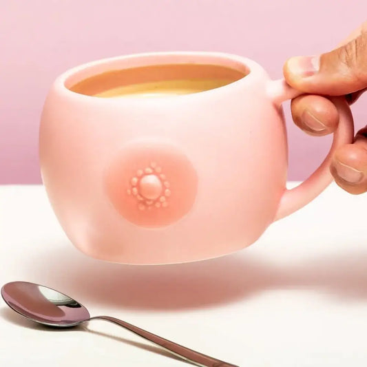 Mug sein rose en céramique résistante avec design pause café et nipple, main et cuillère