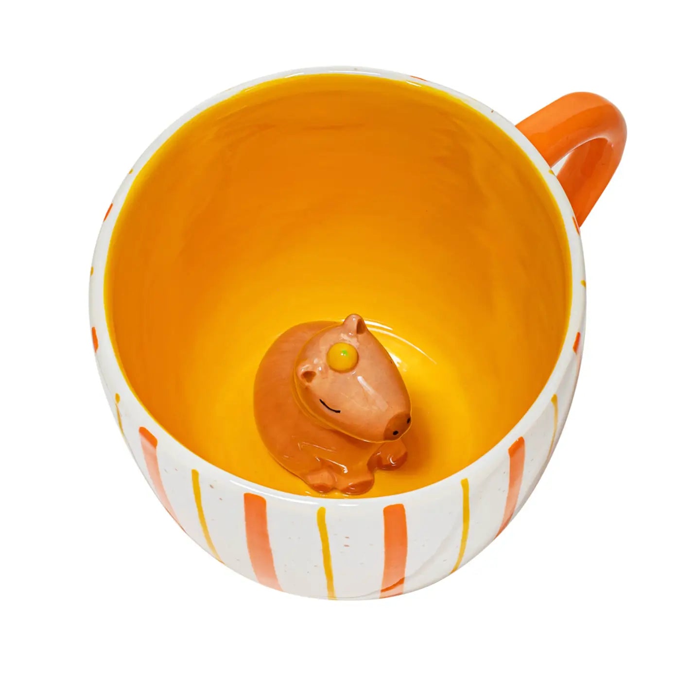 Tasse surprise capybara en céramique rayée blanc-orange avec figurine capybara