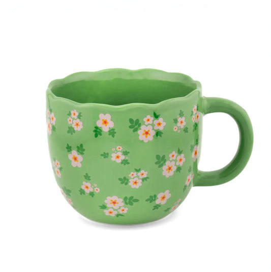 Mug Surprise Frida : tasse verte en céramique à fleurs blanches et orange