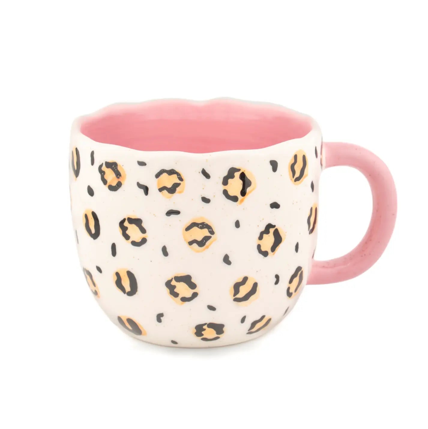 Tasse surprise léopard en céramique blanche avec intérieur rose et motif léopard noir et tan