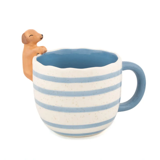 Mug Teckel avec chiot teckel tan, rayures bleu clair et blanc, bonne humeur