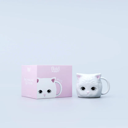 Mug céramique motif chat blanc avec boîte cadeau rose, touche ludique
