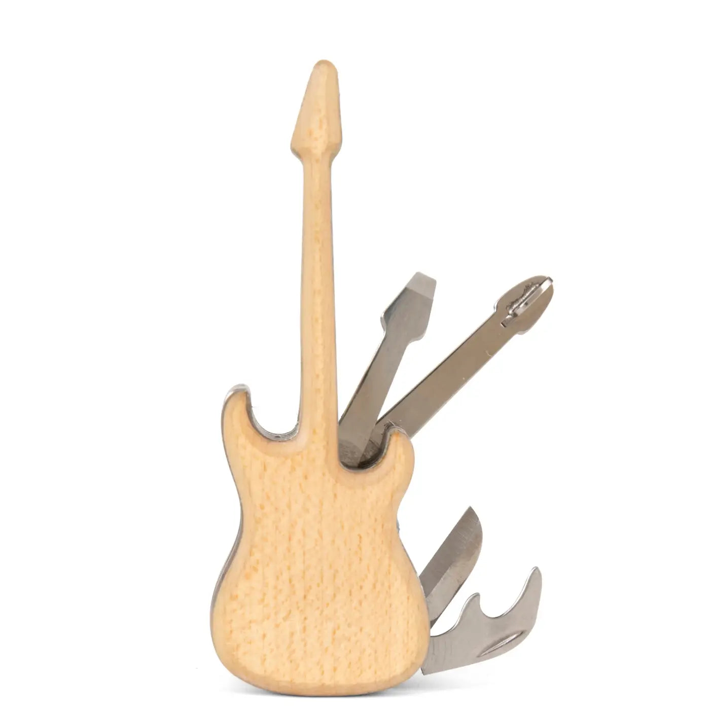 Multi outil guitare en bois clair, format compact esprit rock