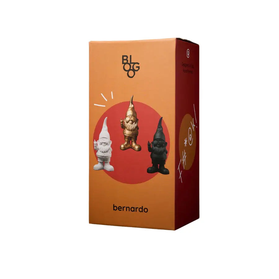 Boîte carton orange rouge avec statuette nains Nain Fuck Bernardo Noir 29 cm en résine blanc or noir