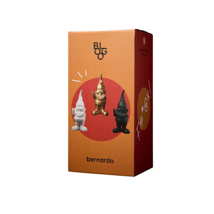 Boîte carton orange rouge avec statuette nains Nain Fuck Bernardo Noir 29 cm en résine blanc or noir