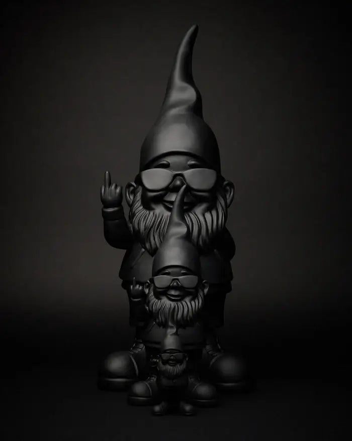 Statuette nains Nain Fuck Bernardo Noir, 3 gnomes noirs en sunglasses, doigt d’honneur, design contemporain