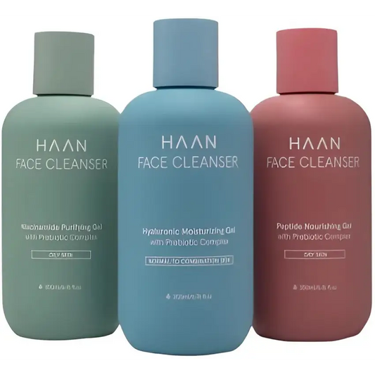 Trois bouteilles de nettoyant visage peau normale à mixte Haan pour peaux normales