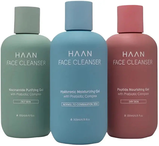 Trois bouteilles HAAN nettoyant visage vegan pour routine beauté