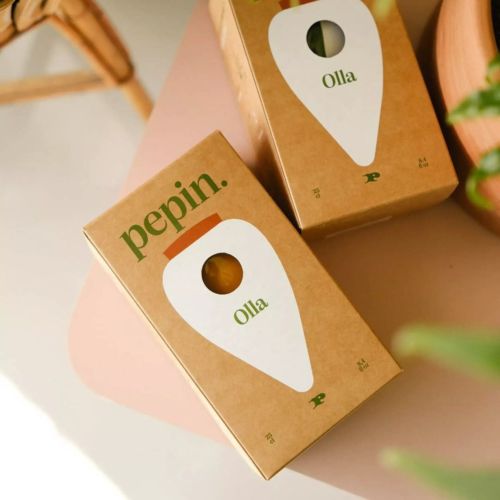 Olla Léopard : boîtes carton brun avec découpes teardrop blanches révélant pepin, accessoire déco pour plantes d’intérieur