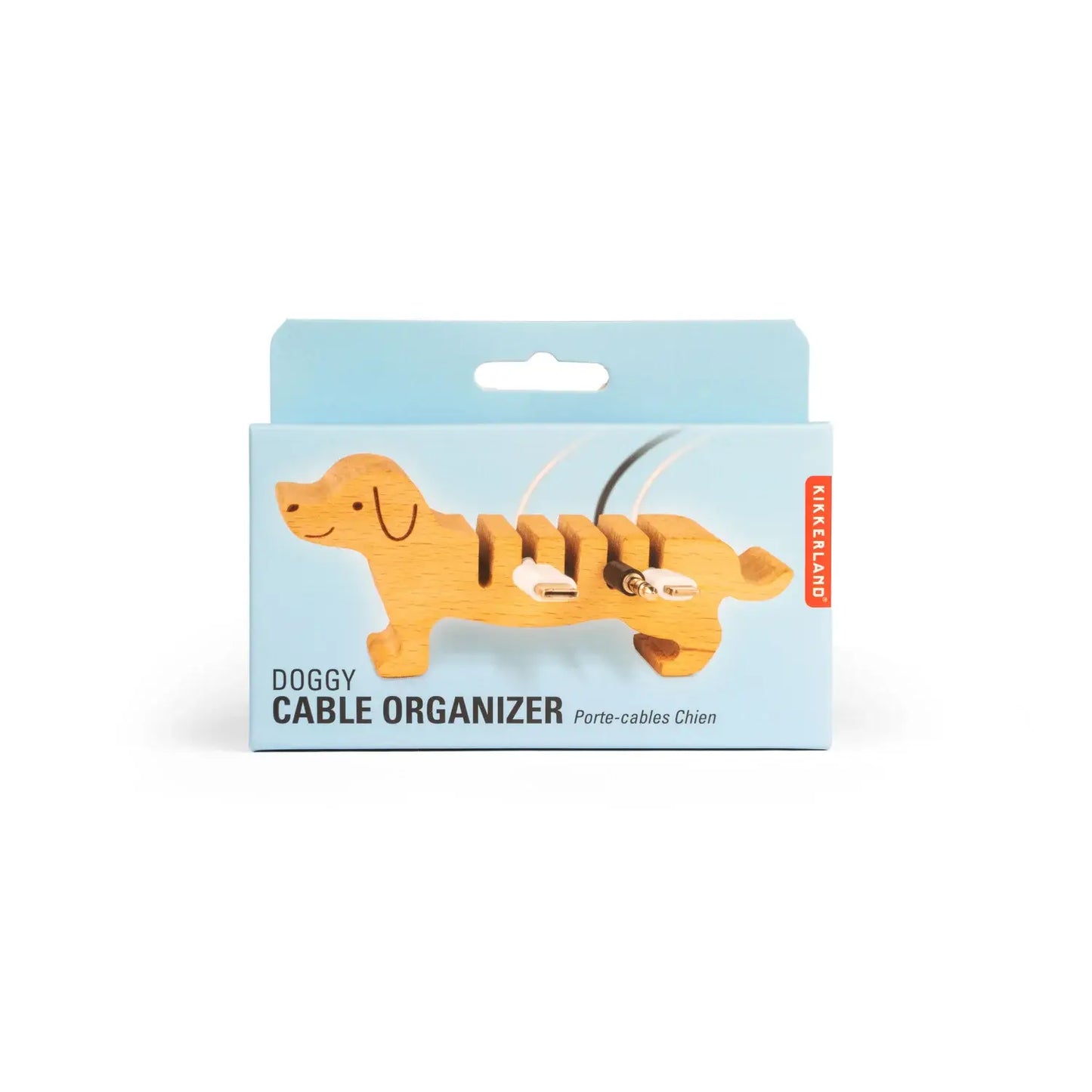 Organisateur câbles chien teckel bois orange, aide garder bureau impeccable